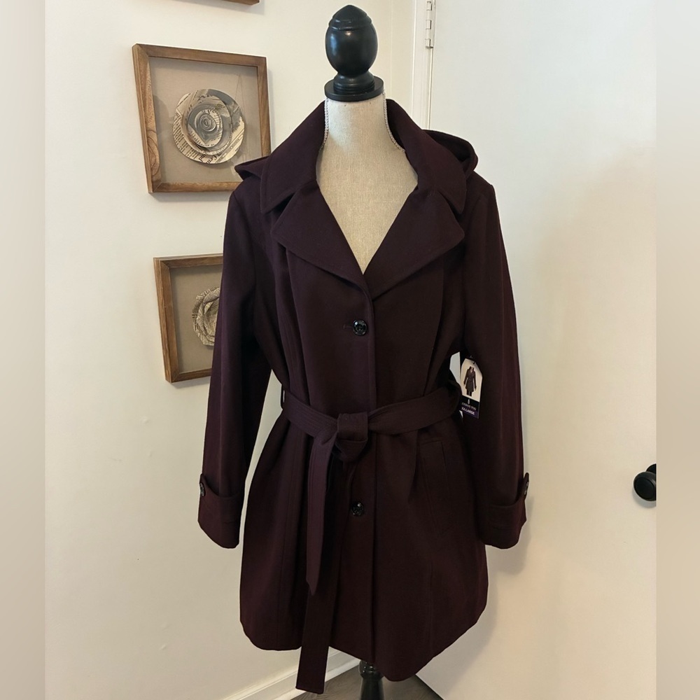 London Fog NWT Coat Wool Blend Belted Burgundy Purple Hooded Sz XXL - Picture 3 of 8